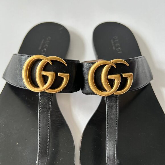 GUCCI BLACK LEATHER GG T-STRAP SANDAL - Picture 3 of 6